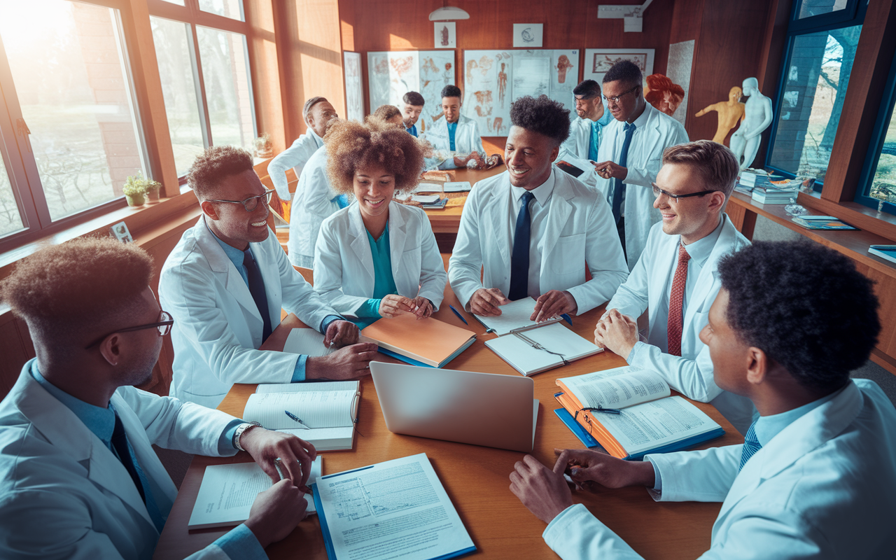 A group of diverse medical students in white coats gathered around a large table with various medical books and a laptop open, discussing enthusiastically. The room has a warm, inviting atmosphere with sunlight filtering through large windows, and medical charts and models scattered around, portraying excitement for their future specialties. Vivid colors and realistic details, capturing a moment of collaboration and ambition.