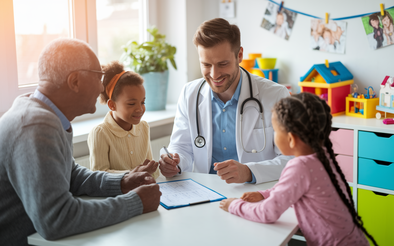 A friendly family physician in a bright office, consulting with a diverse family, including a child and grandparents. They’re discussing a health chart while toys and children's drawings decorate the room. The atmosphere is warm and welcoming, with vibrant colors and soft morning light streaming through the window, conveying a sense of trust and care.