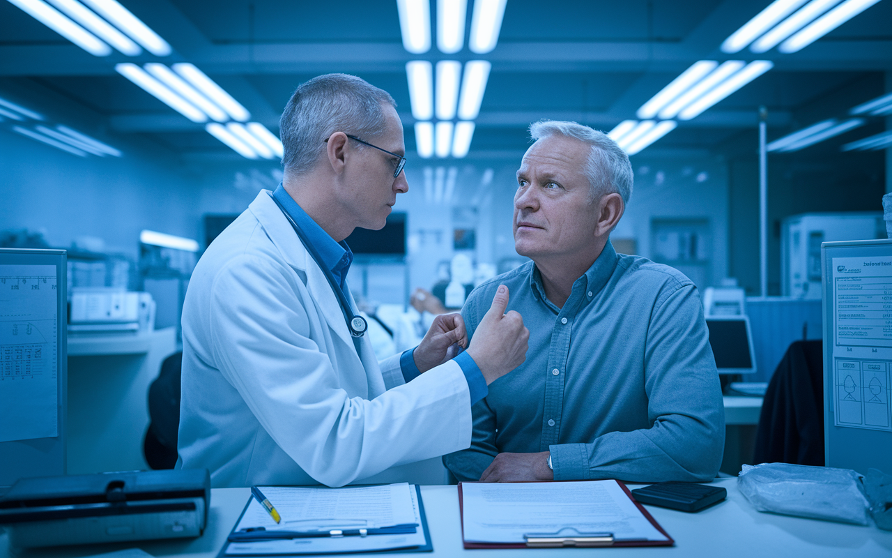 An internist in a busy clinic office, attentively examining a middle-aged patient who appears anxious. Medical charts and diagnostic equipment surround them. The scene is illuminated by fluorescent lights, creating a clinical yet inviting environment, emphasizing care and professionalism.