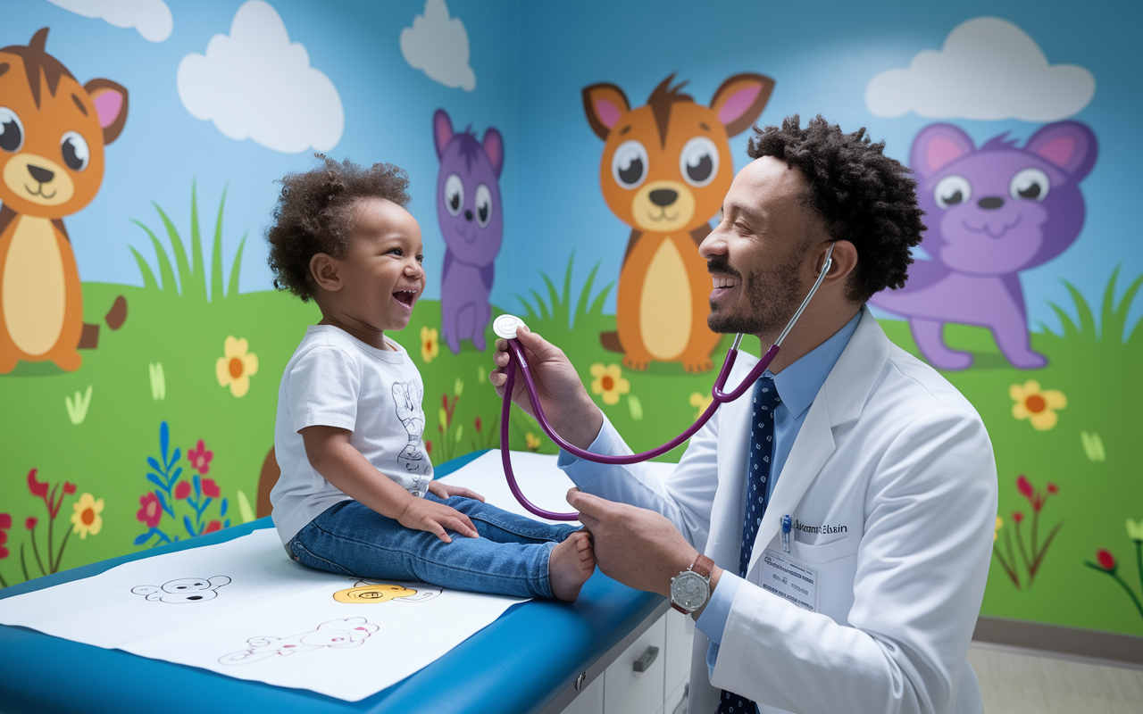 A pediatrician in a colorful clinic, playfully interacting with a young child sitting on an examination table, equipped with toys and drawings. The child giggles while the doctor holds a toy stethoscope, creating a friendly interaction. The room is bright and decorated with animal-themed murals, radiating warmth and compassion.