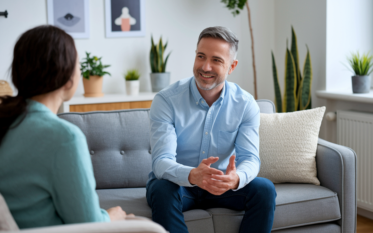 A psychiatrist seated in a cozy, well-lit room with soft furnishings, engaging in a conversation with a patient. Personal touches like plants and artwork adorn the space, creating a therapeutic atmosphere. The focus on warmth and empathy is evident, showcasing the importance of mental health care.