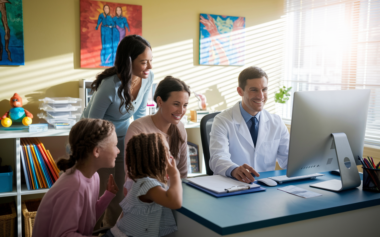 A family medicine doctor in a cozy office welcoming a family of four with smiles. The setting is warm and inviting, with colorful paintings on the walls, children's toys, and medical charts neatly arranged. The doctor is in a white coat, sitting behind a desk, reviewing the patient's medical history on a computer. Natural sunlight streams in through the window, creating a friendly atmosphere of care and trust.