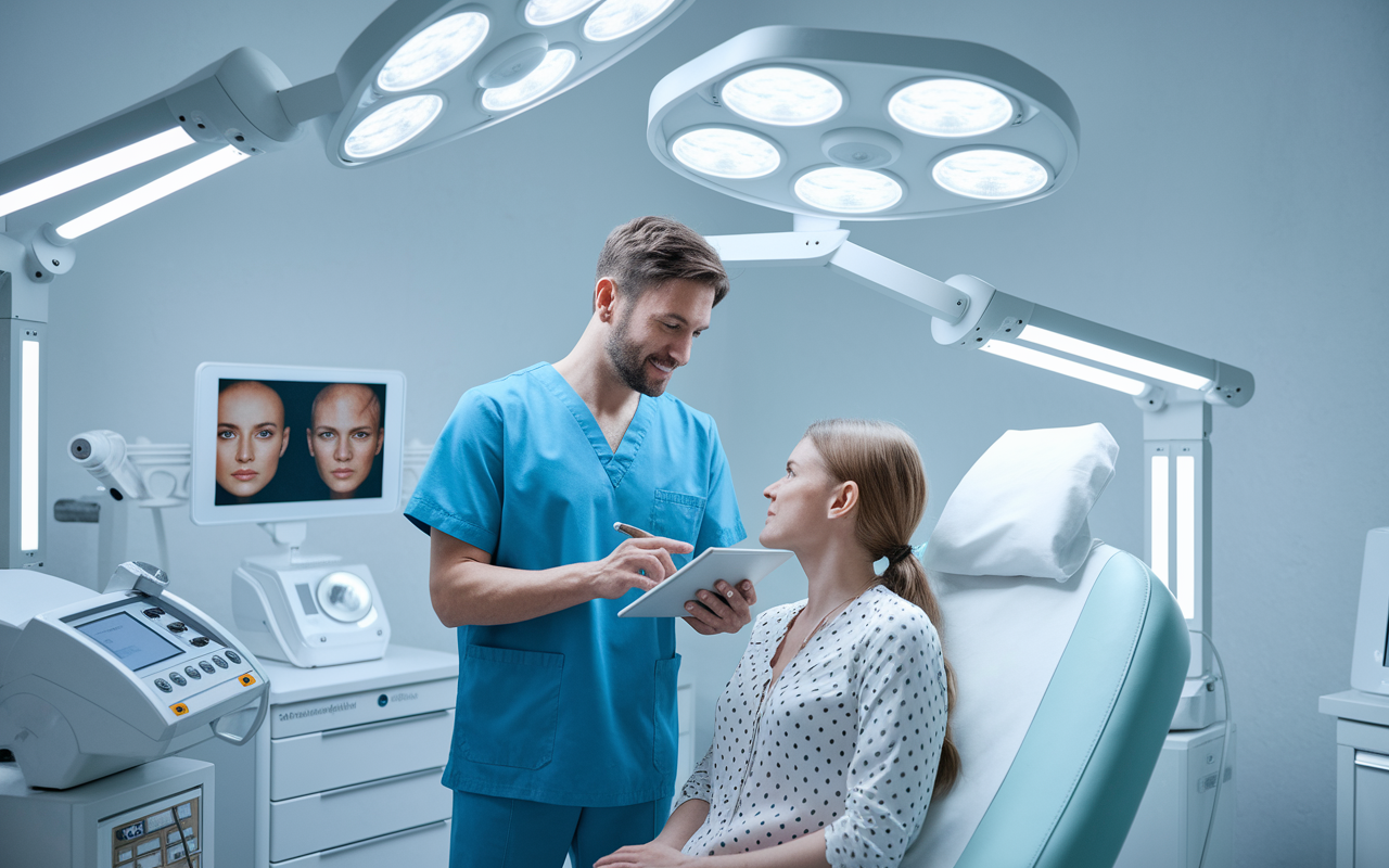 A dermatologist in a modern clinic examining a patient under soft, white lighting. High-tech medical equipment surrounds them, including a dermatoscope and educational skin charts. The doctor, wearing scrubs, is showing the patient images of skin conditions on a tablet, with a calm and professional demeanor. The clinic has a bright and clean atmosphere, showcasing the appealing nature of dermatological work.