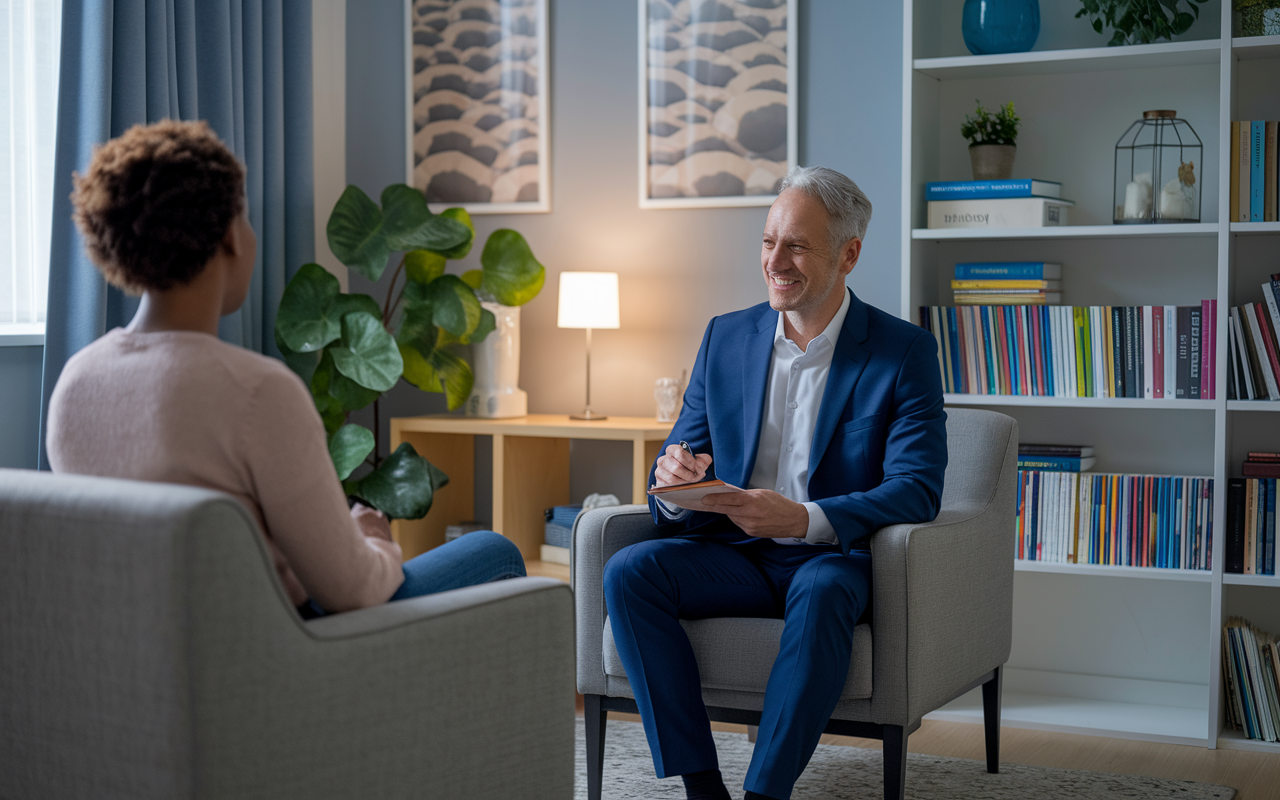 An engaging psychiatrist in a well-furnished consultation room, seated comfortably across from an adult patient. The room has bookshelves filled with psychology books, soft lighting, and art that promotes calmness. The psychiatrist, dressed in a professional manner, is actively listening and taking notes, creating an atmosphere of trust and openness. The scene conveys emotional connection and mental well-being.