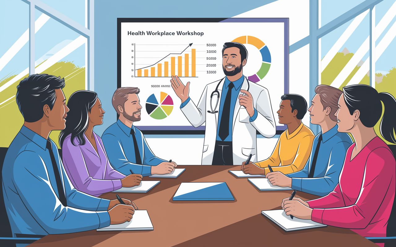 A physician in occupational medicine meeting with a group of employees in a bright conference room, conducting a health and safety workshop. Charts about workplace health are displayed on a digital screen. The physician is animatedly discussing preventive care, with engaged employees taking notes. The setting emphasizes a proactive approach to health and well-being in the workplace, filled with natural light and friendly expressions.