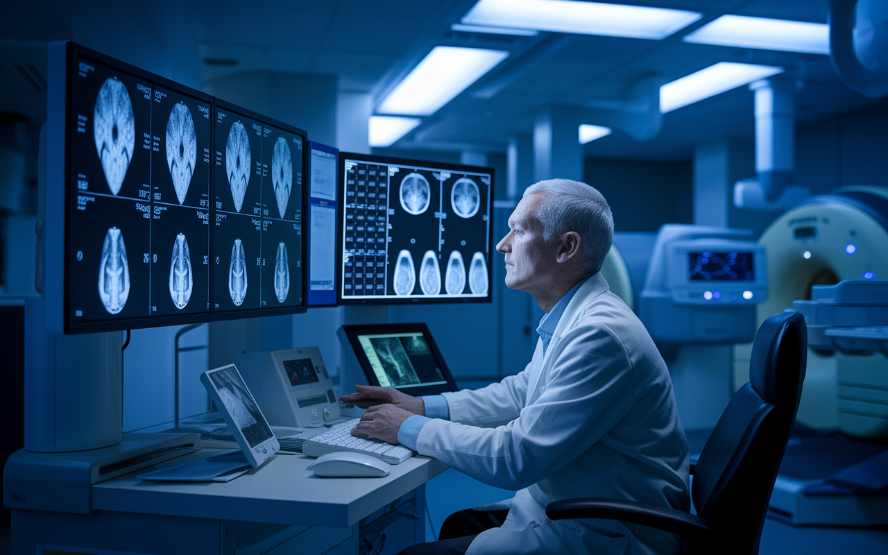 A radiologist working in a state-of-the-art imaging center, concentrating on medical images displayed on multiple monitors. The room is dimly lit to enhance screen visibility, filled with advanced imaging technology. The radiologist, in a lab coat, is analyzing CT scans, showcasing precision and focus in a high-tech environment. The atmosphere highlights the balance of technology and clinical expertise.