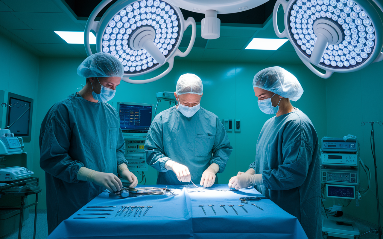 An anesthesiology team in a bright operating room preparing for surgery, focused and professional. The anesthesiologist is setting up monitoring equipment, while another team member checks medical supplies. The environment is sterile and organized, highlighting the safety and precision essential in anesthesiology. Bright surgical lights and medical instruments reflect a blend of high-stakes responsibility and meticulous care.