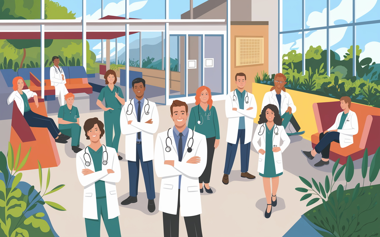 A future-oriented scene illustrating lifestyle-friendly medical specialties. A harmonious blend of diverse doctors happily working together, including family physicians, dermatologists, and psychiatrists in a modern healthcare setting designed for well-being. Beautiful outdoor views are visible through large windows, and areas for relaxation are incorporated. The atmosphere is vibrant and welcoming, embodying ideal work-life balance in the medical field.