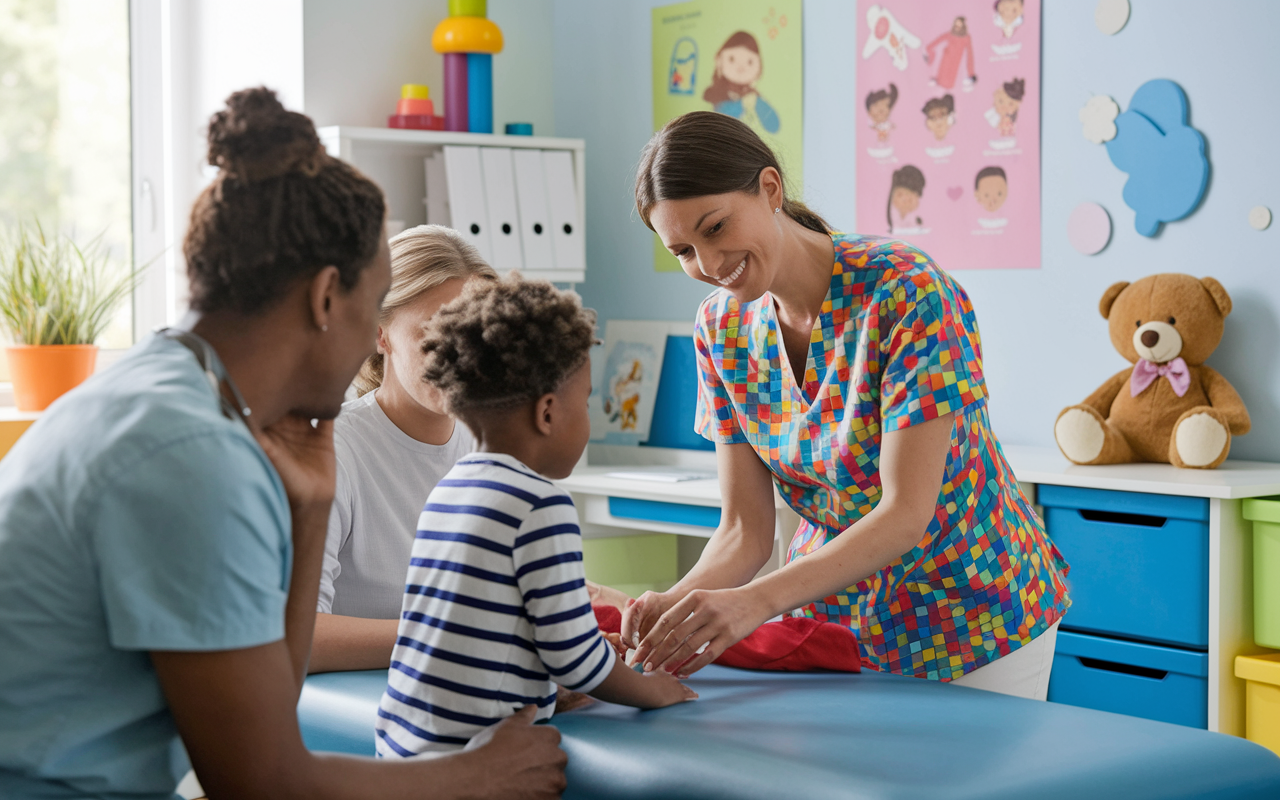 A cheerful pediatrician's office bustling with activity during the day. A cheerful pediatrician, a woman in colorful scrubs, is examining a child while parents observe fondly. Bright toys and educational posters decorate the walls, creating an engaging environment for children. Soft, warm lighting enhances the comforting atmosphere, and a teddy bear sits on a table, symbolizing care and childhood health.