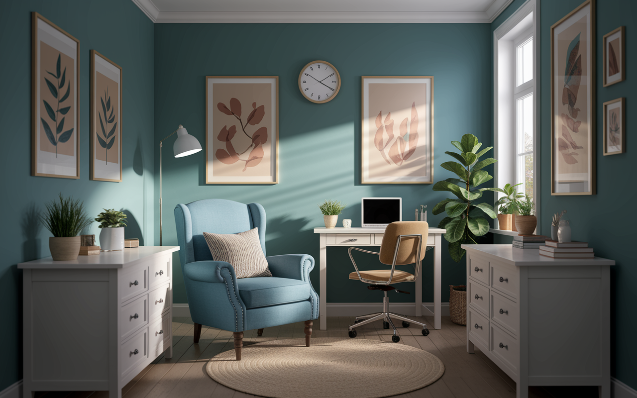 A calming psychiatrist's office designed for telehealth sessions. The setting features a comfortable armchair, a small desk with a laptop and calming artwork on the walls. The light is soft and soothing, creating a friendly environment for virtual therapy. A clock on the wall shows it's late afternoon, reinforcing a sense of tranquility and flexibility in mental health care.