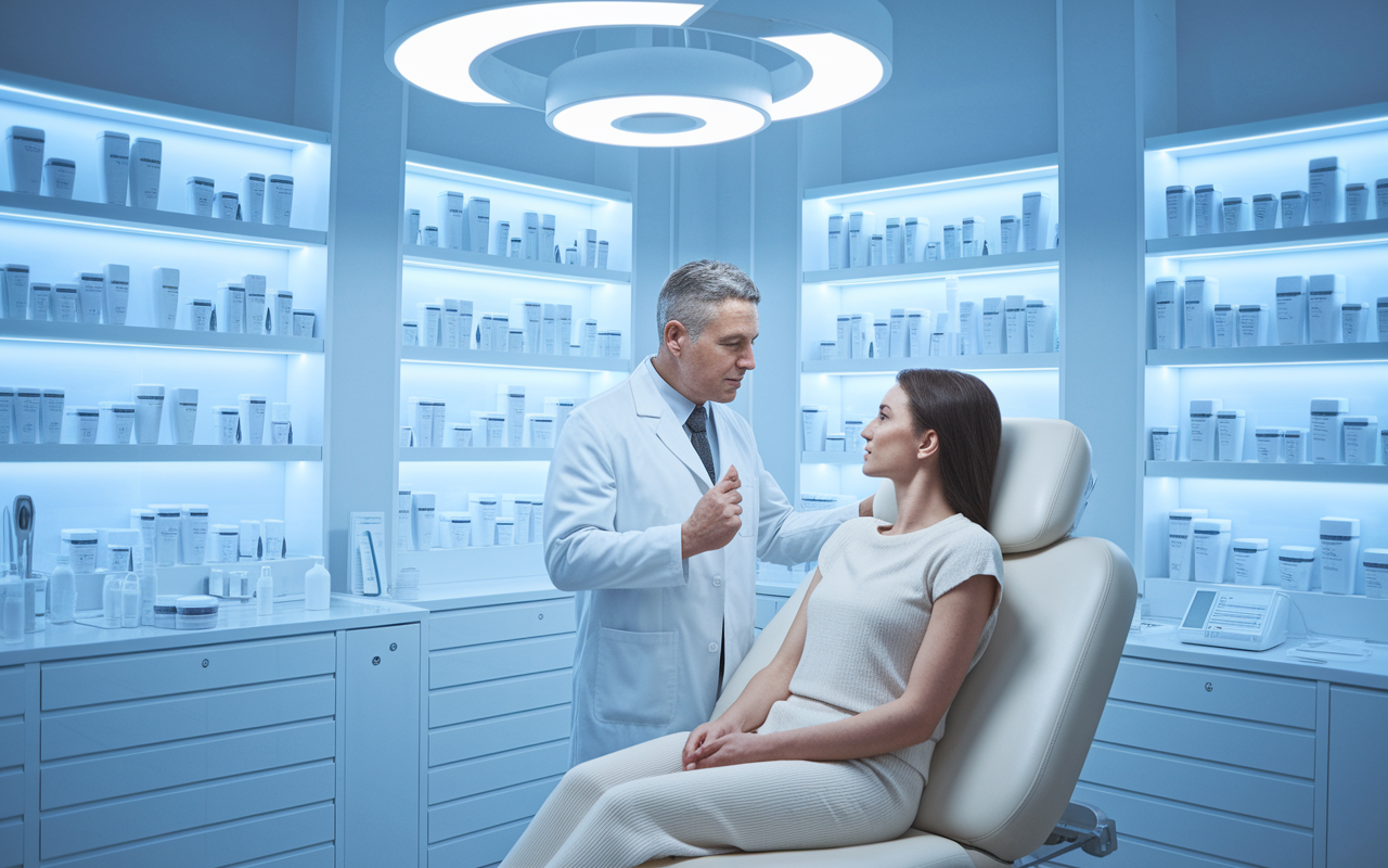 A modern dermatology clinic showcasing various skincare treatments. A dermatologist, a middle-aged man in a white coat, consults a patient about cosmetic procedures. Bright lights illuminate the sterile examination room filled with skincare products on shelves, giving an impression of professionalism and care while reflecting a typical busy day in dermatology.