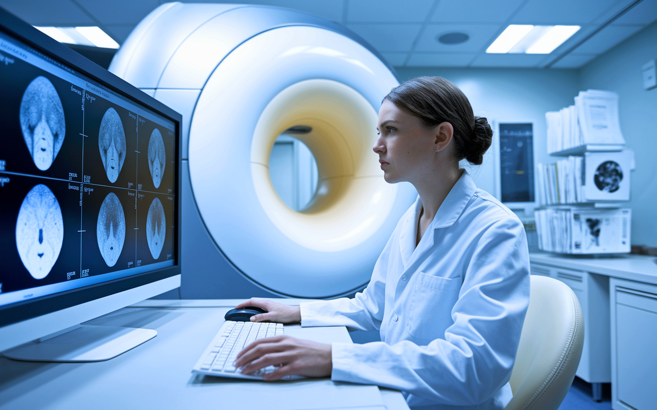 A state-of-the-art radiology room equipped with advanced imaging technology. A radiologist, a young woman in a lab coat, is analyzing medical images on a computer screen, focused and engaged. The lighting is bright and clinical, emphasizing the high-tech environment, while charts and manuals are neatly organized in the background, reflecting a professional atmosphere.