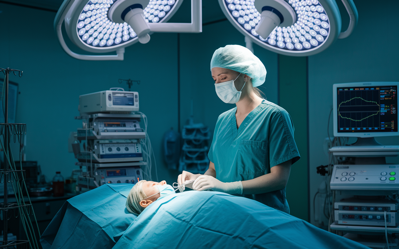 An anesthesiologist in a surgical theater, attentively monitoring a patient's vitals during an operation. The room is brightly lit and sterile, filled with surgical instruments and advanced monitoring equipment. The anesthesiologist, a female professional in scrubs and a mask, displays focus and determination, epitomizing the critical role in patient care while maintaining high standards of practice.