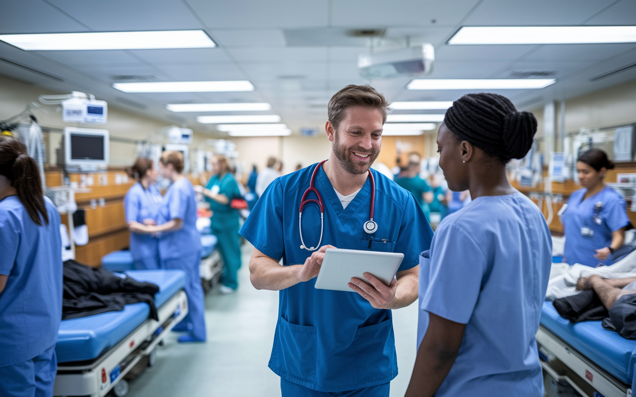 An energetic emergency medicine physician transitioning between shifts in a bustling emergency room. The room is filled with activity, with nurses and patients around. An emergency physician, a man wearing scrubs and a stethoscope, is engaged in a conversation with a nurse while consulting a digital tablet. The bright, chaotic environment emphasizes the dynamic nature of emergency medicine, showcasing the challenges and camaraderie in the profession.