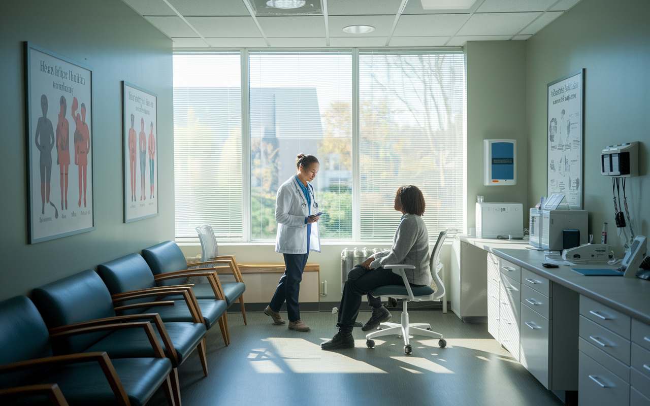 A calm occupational medicine office with a focus on employee health. A physician meets with a worker in a professional yet comfortable setting. The office features health posters on the walls and medical equipment neatly arranged. Natural light filters through the windows, creating a welcoming atmosphere that emphasizes preventive care and health promotion.