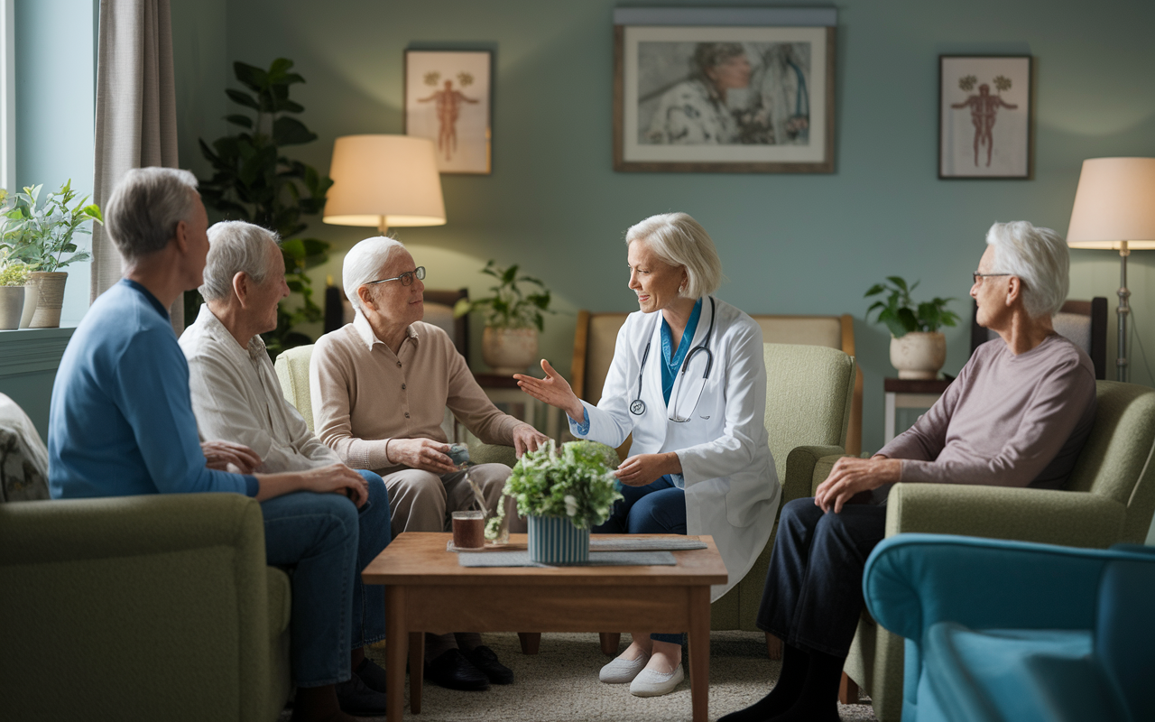 A peaceful geriatric care environment where a geriatrician is discussing treatment plans with a group of elderly patients. The room is cozy and welcoming, decorated with soft lighting and comfortable seating. The geriatrician, an older woman, displays compassion as she engages with her patients, showcasing the importance of relationships in geriatric medicine.