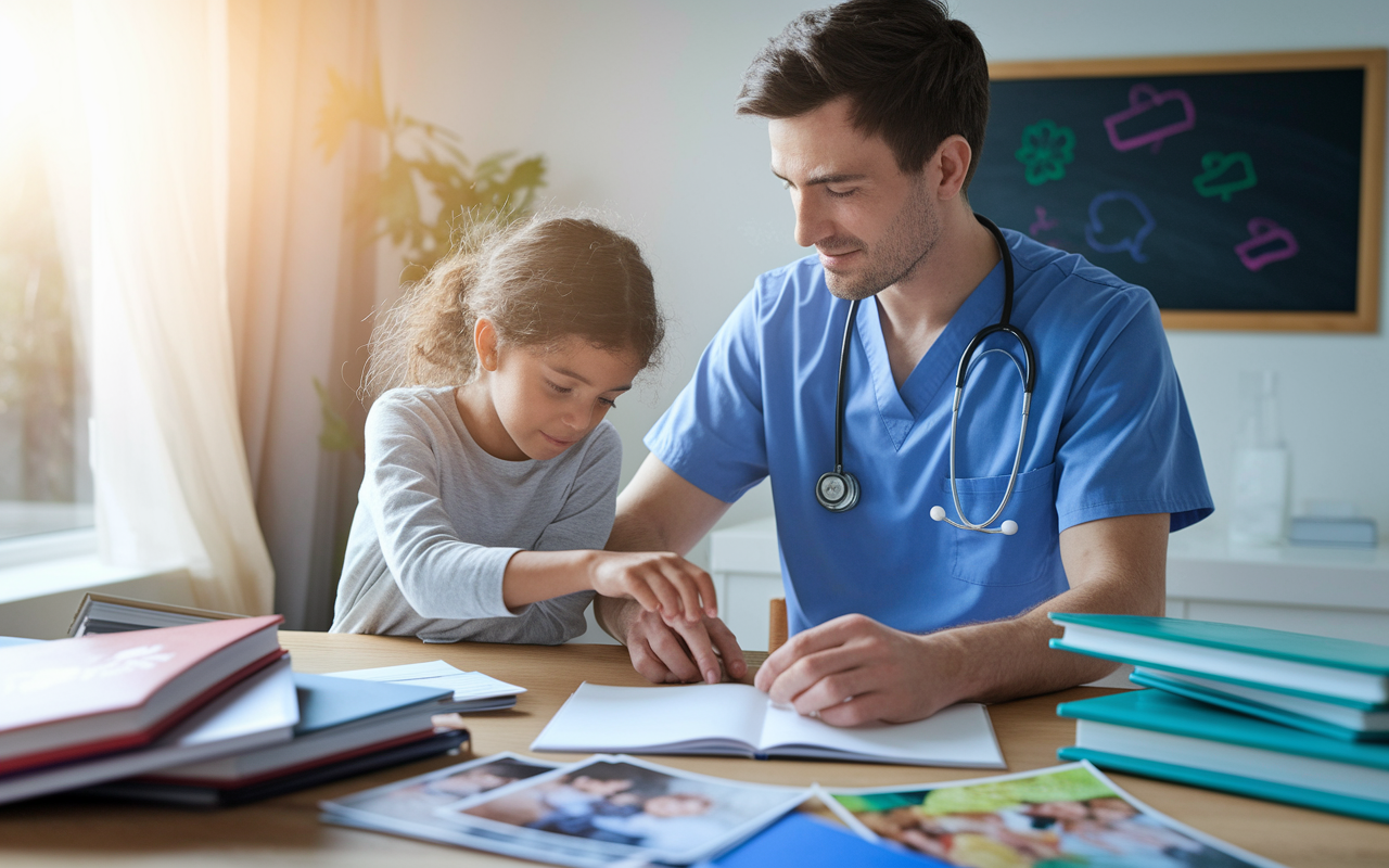 A family physician, a young man in scrubs, balancing his practice and family life. He is seen helping his child with homework at a dining table filled with medical books and family photos. The scene captures a harmonious blend of work and family, with sunlight filtering through the window and creating a warm feel. The background includes a wall chalkboard with colorful drawings, emphasizing a nurturing home environment.