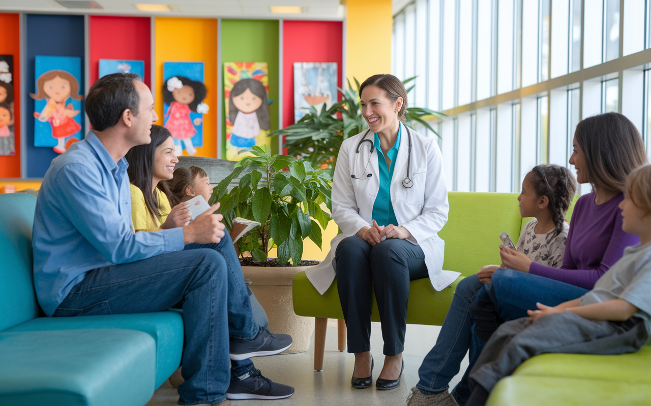 A vibrant community health center with a family physician, a middle-aged woman of Hispanic descent, engaging warmly with patients in a waiting area filled with artwork by local children. The setting is colorful and inviting, with plants and comfortable seating. Bright daylight streams through large windows, enhancing the warm, welcoming atmosphere.