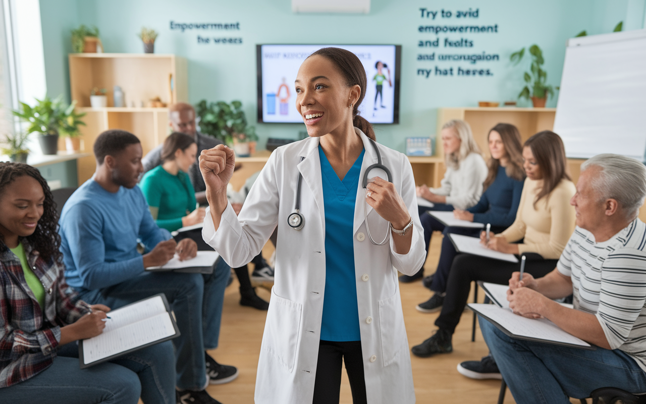 Dr. Smith, a family physician in her early 40s, energetically leading a wellness workshop in a bright community room. The room is filled with engaged participants of diverse ages taking notes. Educational visuals about nutrition and fitness are displayed on a screen. The environment reflects empowerment and health, with plants and encouraging slogans on the walls.