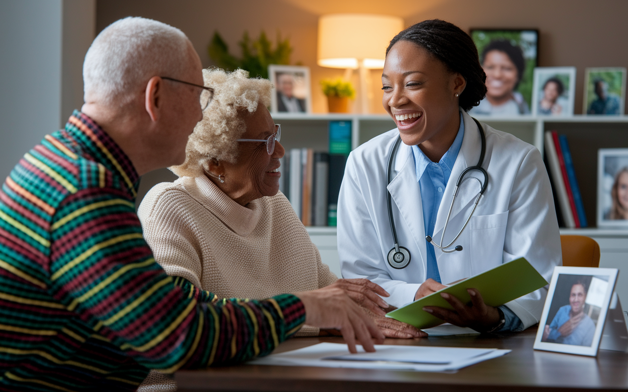 A family physician interacting with an elderly couple in her office. The physician, a young woman of African descent, shares a laugh with them while reviewing health materials. The setting reflects a strong connection through family photographs displayed on her desk. The warm lighting and personal touches create a sense of trust and familiarity.