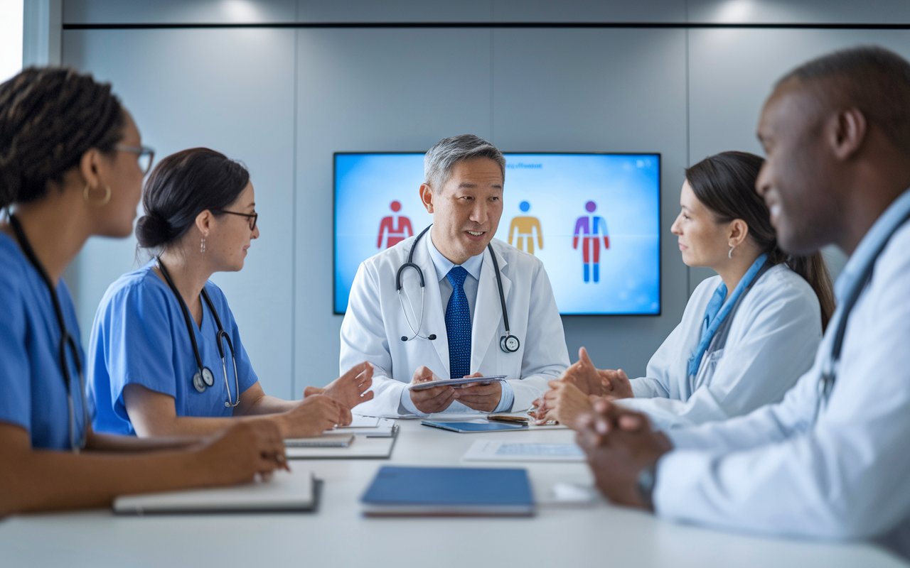 An integrated healthcare team meeting in a modern conference room. The family physician, a middle-aged Asian man, is leading a discussion with nurse practitioners and social workers, all reviewing patient care strategies on a digital display. The atmosphere is collaborative and supportive, with open expressions and teamwork evident throughout the space.