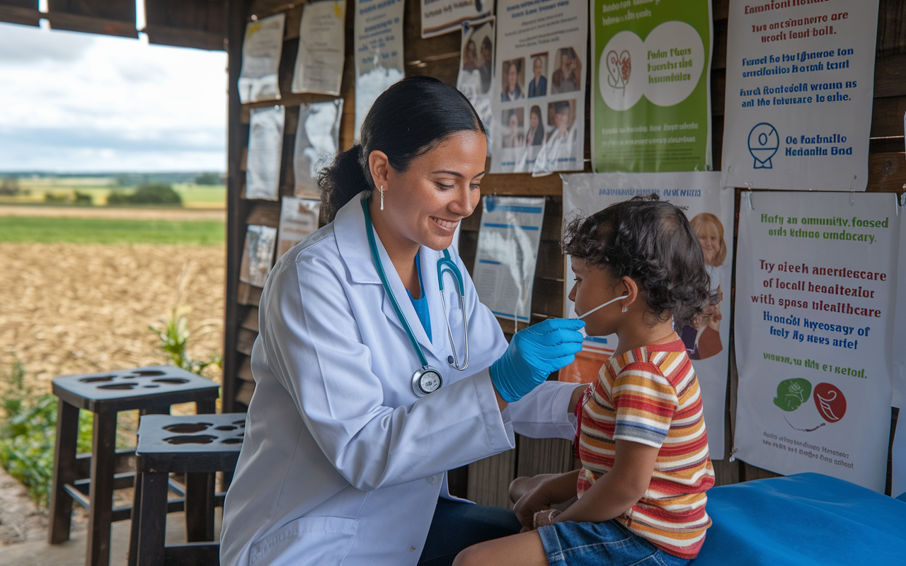 A dedicated family physician in a rural clinic, a young Latina woman, examining a child while surrounded by fields visible through the clinic's windows. The clinic is filled with posters about health care and wellness in English and Spanish. The warm, community-focused atmosphere highlights the importance of local healthcare with a friendly smile.