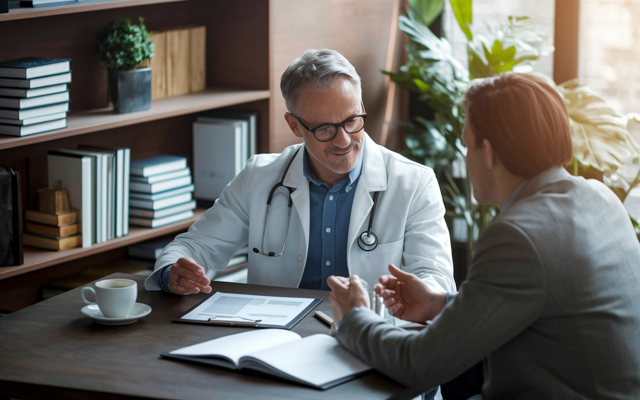 A family physician in a cozy office, a middle-aged man with glasses, reviewing charts and discussing finances with a financial advisor over coffee in a calm setting. Books on work-life balance are visible on the shelves, with natural light pouring in. The atmosphere is relaxed and thoughtful, illustrating the peaceful blend between work and personal well-being.