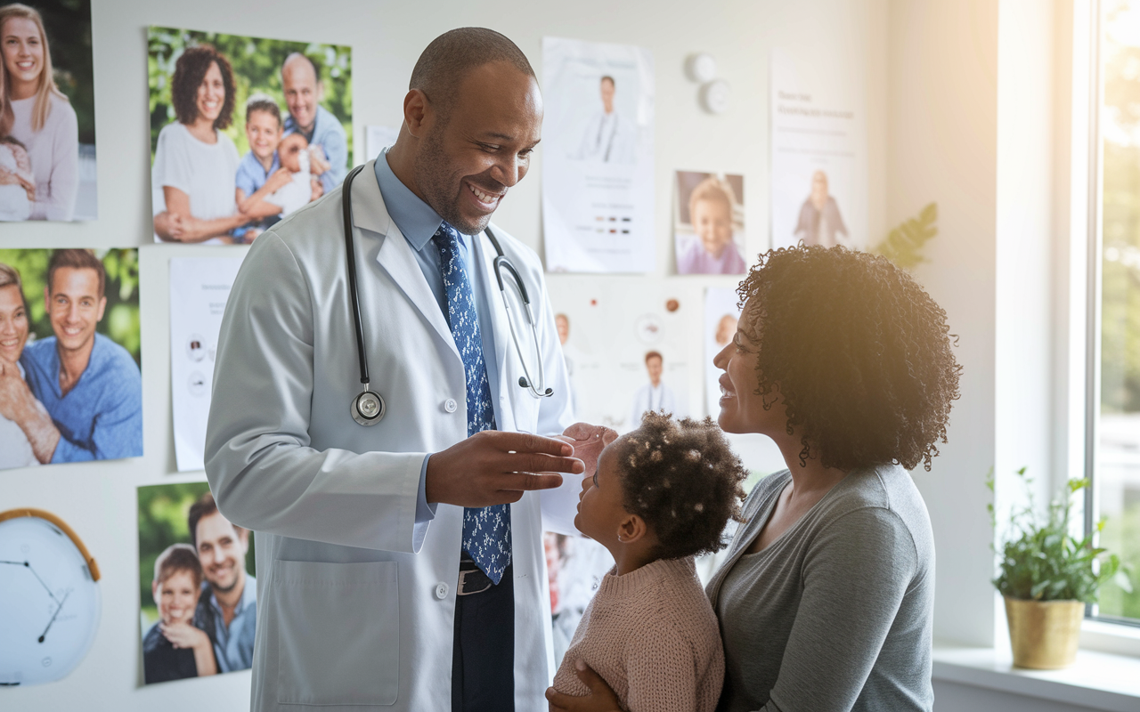 A family physician with a warm smile, standing in a bright, welcoming outpatient clinic, surrounded by family photographs and medical posters. The doctor is engaging with a young child and their parent, showcasing a supportive environment. Soft natural light is streaming through the window, creating an inviting atmosphere. The setting should convey comfort and care in family medicine.