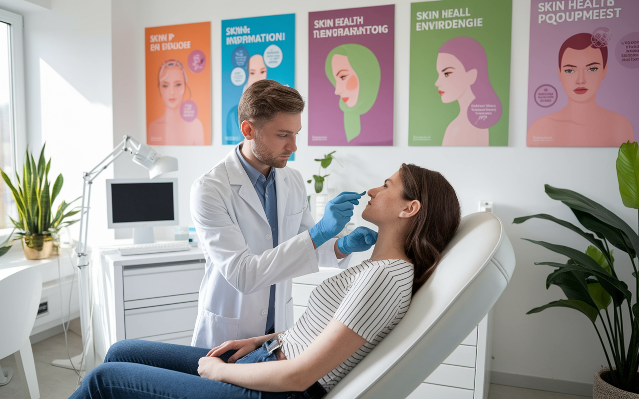 Inside a modern dermatology clinic, a dermatologist is performing a skin examination on a patient while a wall of vibrant skin health posters decorates the background. Natural light fills the office, highlighting a comfortable environment, with sleek medical equipment in the corner and plants adding a calming touch. The doctor appears attentive and focused on the patient.