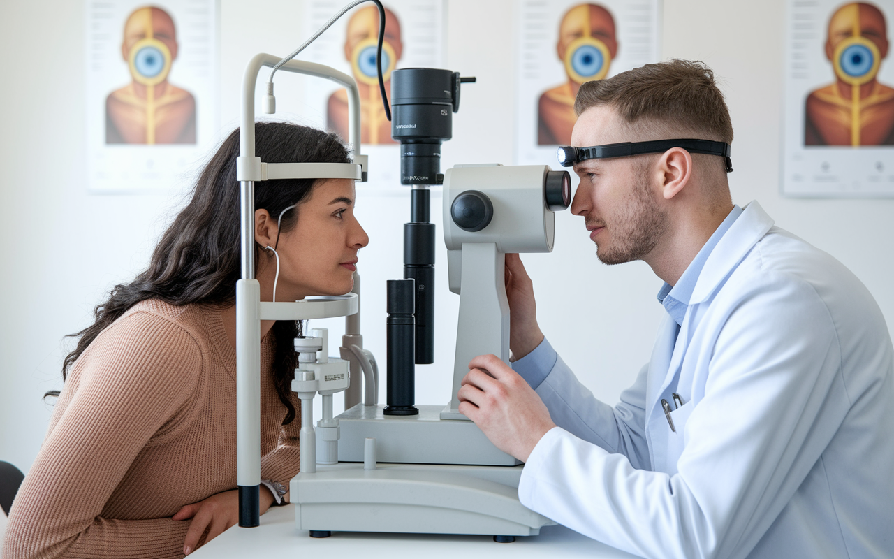 An ophthalmologist examining a patient’s eyes using advanced eye-testing equipment in a bright, tidy clinic. The doctor is wearing a headlamp, concentrating intently while the patient looks relaxed and comfortable. The scene embodies professionalism and care for eye health, with charts of the human eye anatomy visible in the background.