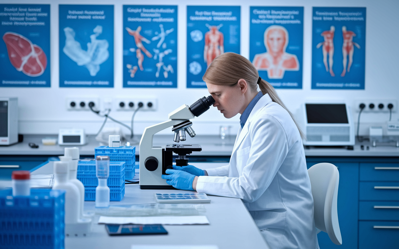 In a state-of-the-art pathology lab, a pathologist is examining slides under a microscope, focused and analytical. The lab is filled with high-tech equipment and organized workspaces. The lighting is bright and clinical, showcasing the precision and attention to detail essential in pathology, set against a backdrop of scientific posters about medical advancements.