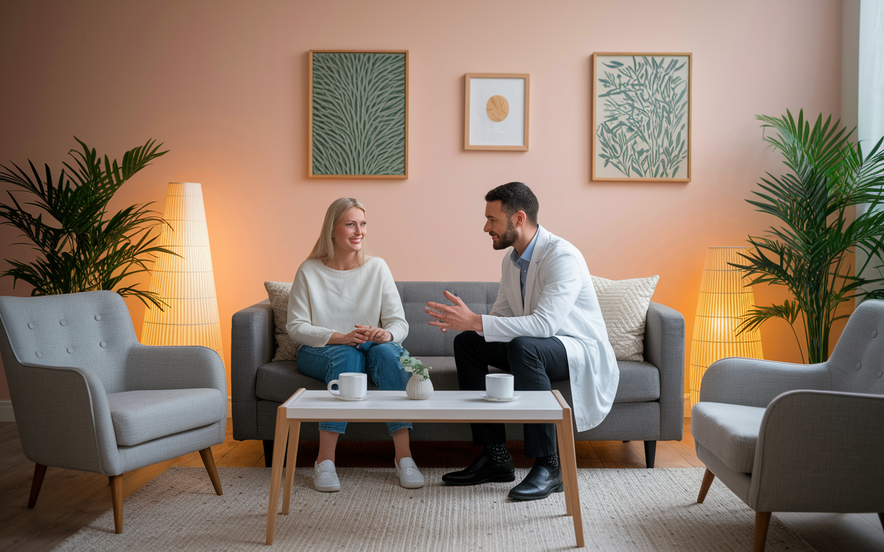 A warm, inviting psychotherapy office where a psychiatrist is engaged in a thoughtful conversation with a patient seated on a comfortable couch. The room is decorated with calming art and plants, contributing to a tranquil atmosphere. Soft, ambient lighting creates a sense of safety and connection between doctor and patient.