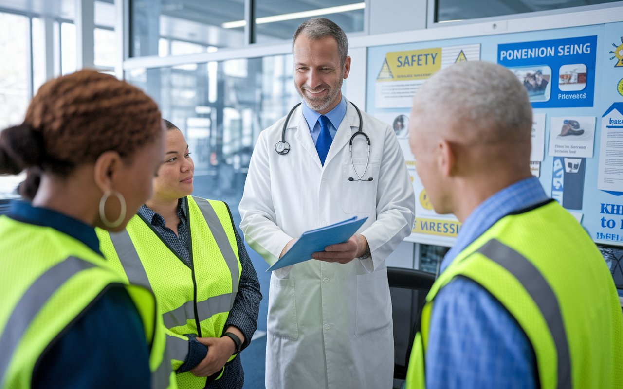 An occupational medicine physician is conducting a health assessment at a workplace, reviewing safety protocols with a group of employees. The setting is bright and professional, filled with safety posters and health-related brochures. The focus is on prevention and workplace well-being, depicting collaboration and dedication to employee health.