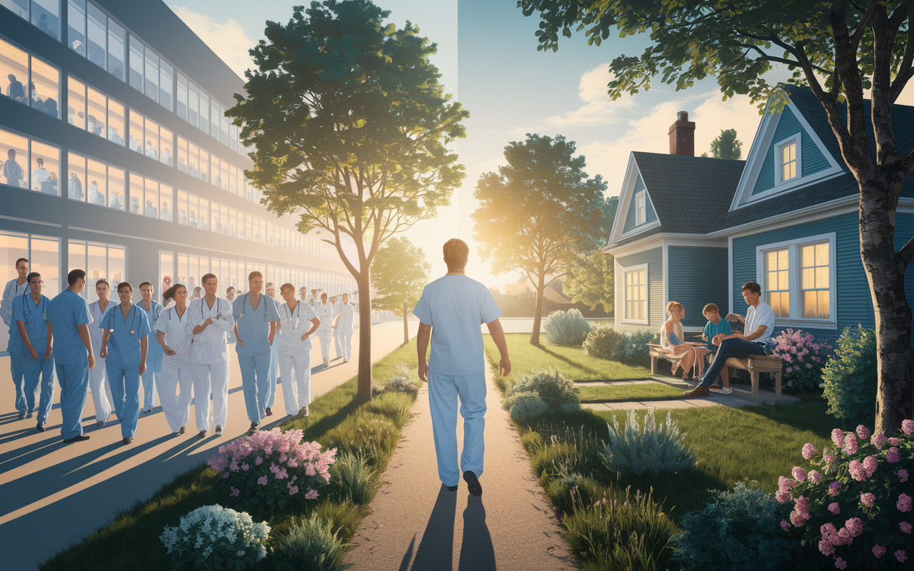 A serene landscape symbolizing the balance between medical career and personal life, featuring a doctor on a tranquil path between a bustling hospital and a peaceful home. One side depicts a busy hospital filled with doctors and nurses in scrubs, while the other shows the doctor enjoying time with family in a cozy home garden. Soft sunlight bathes both scenes in a warm glow, representing harmony and fulfillment.