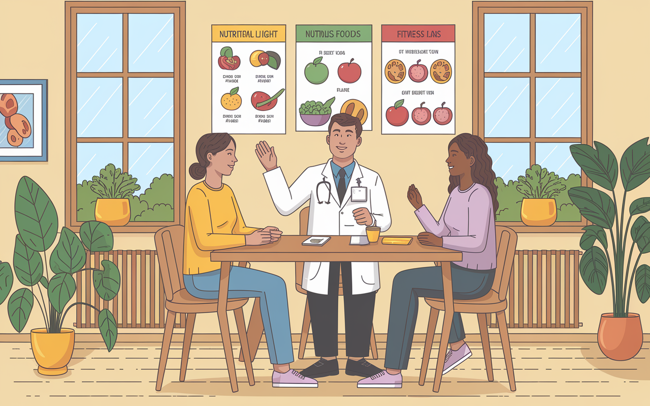 A warm and inviting physician's office, where a cheerful doctor discusses healthy lifestyle choices with a patient, surrounded by colorful charts of nutritious foods and fitness plans. The office is filled with plants, large windows letting in natural light, illustrating a calming environment. The physician, in a white coat, exudes enthusiasm and compassion, fostering an uplifting atmosphere of collaboration and empowerment.