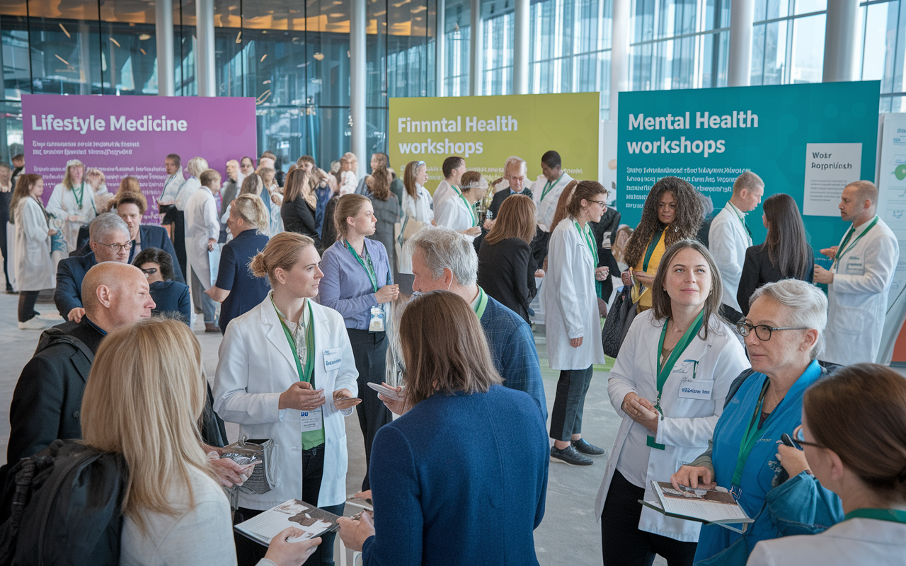 A dynamic healthcare conference setting, where medical professionals exchange ideas about lifestyle medicine. Diverse groups are engaged in discussions around nutrition, fitness programs, and mental health workshops. Bright banners highlight innovative practices, and attendees showcase their projects on lifestyle interventions, creating enthusiasm and a spirit of collaboration.