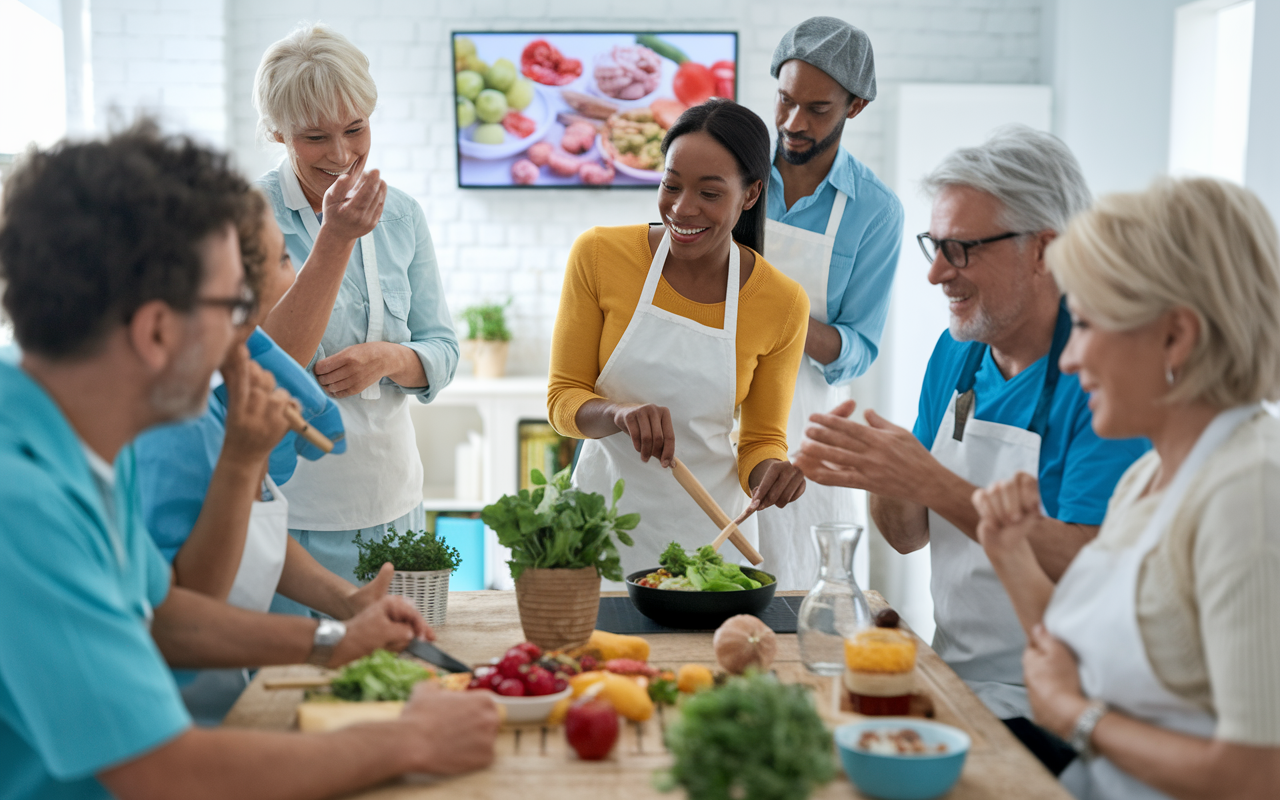 An inspirational scene in a health workshop where a diverse group of patients interactively learns about healthy living. A passionate facilitator teaches and demonstrates nutritious cooking techniques with fresh ingredients, encouraging participation. The workshop is bright and cheerful, filled with visuals on a screen, and participants' faces show eagerness and determination, illustrating a community focused on empowerment and knowledge sharing.