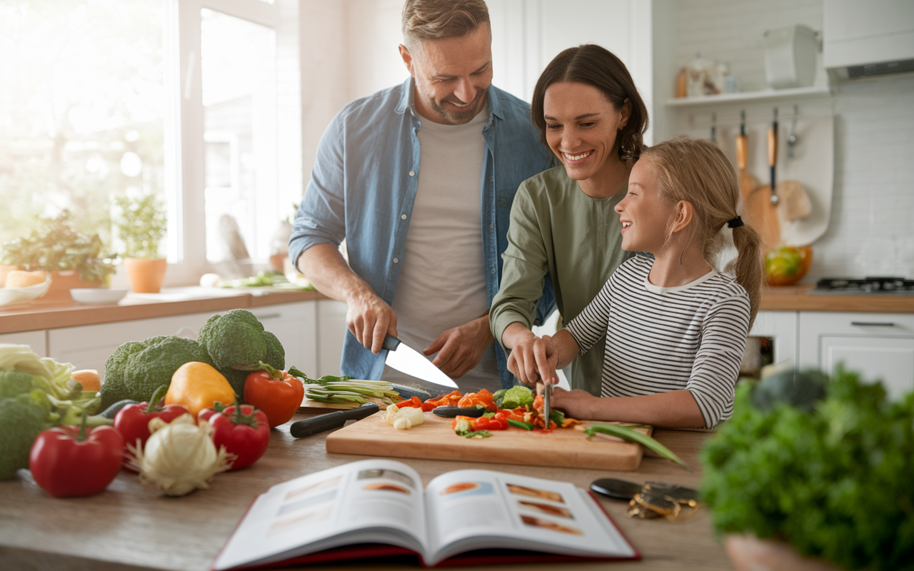 A warm home environment where a family prepares a healthy meal together, chopping vegetables and discussing nutrition. The kitchen is filled with colorful produce and a recipe book opened on the counter. The atmosphere is filled with laughter and collaboration, highlighting the joy of cooking healthy meals. Soft, natural light streams through the window, enhancing the homely feel.