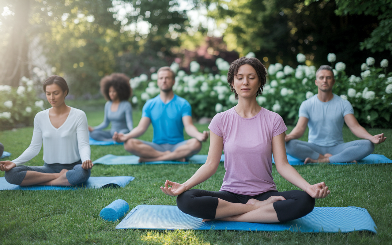 A serene scene in a tranquil garden where individuals practice mindfulness and meditation. A diverse group is sitting in lotus positions on mats surrounded by greenery and blooming flowers. Soft sunlight filters through the trees, creating a calm atmosphere. Faces reflect peace and tranquility, illustrating the benefits of relaxation techniques in a natural setting.