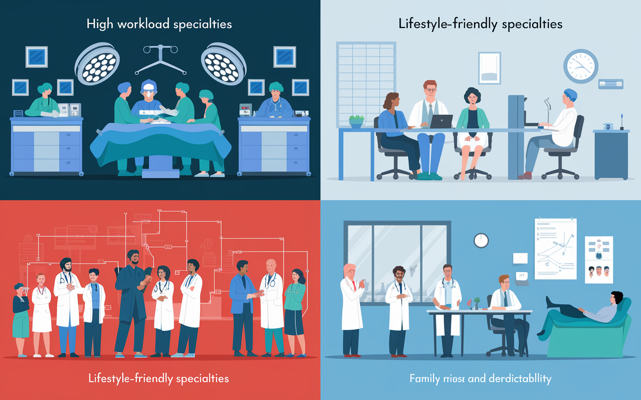 An infographic-style illustration displaying the wide landscape of medical specialties. On one side, 'High Workload Specialties' is depicted with images of a surgical team in an operating room and a bustling internal medicine ward, showing the intensity and stress. On the other side, 'Lifestyle-Friendly Specialties' are illustrated with serene office environments and patient interactions in family medicine and dermatology clinics, emphasizing calmness and predictability. Vivid colors differentiate the two categories, creating a clear contrast between high and low stress environments in medicine.