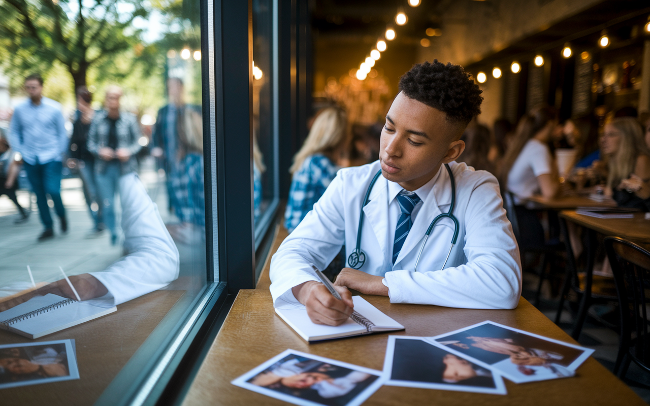 A thoughtful medical student sitting at a cozy café, writing in a notebook, surrounded by personal items like family photos and hobby-related images. The student reflects on their values regarding work-life balance with a look of concentration. The warm ambiance of the café, highlighted by soft lighting and the buzz of conversations, sets a contemplative mood. Outside the window, people enjoy leisurely walks, symbolizing the balanced lifestyle the student aims to achieve.