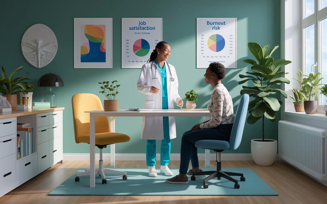 An uplifting scene depicting a serene doctor's office where a physician warmly interacts with a patient, emphasizing the importance of mental and physical health in a medical career. The office has plants, art on the walls, and soothing colors that enhance the comforting atmosphere. Charts indicating job satisfaction and burnout risk are subtly included in the background, reminding viewers of the importance of health-focused specialties. Soft natural light streams through a window, fostering a sense of peace and stability.