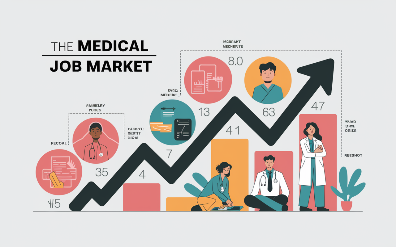 A dynamic infographic showing trends in the medical job market that highlights the rising demand for various specialties. Illustrations include growing fields like family medicine and psychiatry, represented by upward arrows and positive icons symbolizing job security. The design uses a modern, clean aesthetic with vibrant color gradients and easy-to-read graphics, providing a clear visual representation of the evolving healthcare landscape.