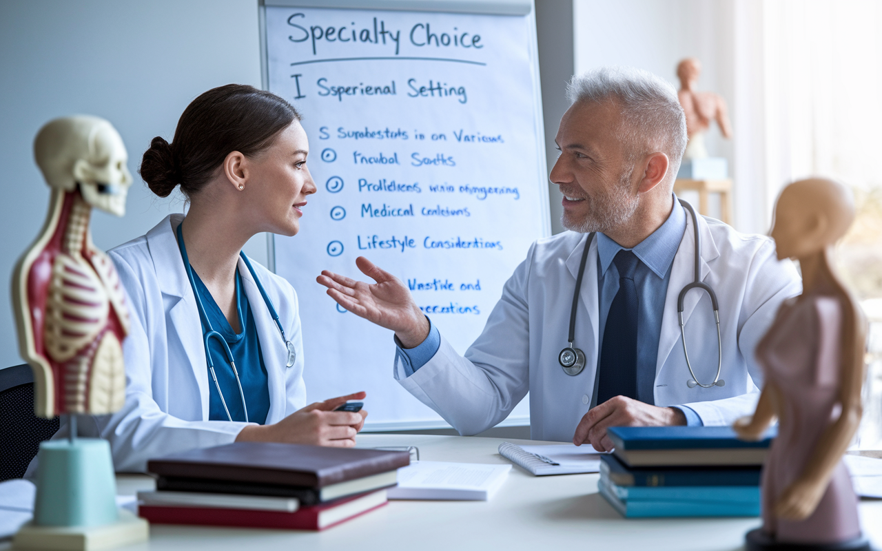 A focused medical student discussing their specialty choice with an experienced mentor in a professional setting. The mentor is gesturing towards a whiteboard displaying insights on various specialties and lifestyle considerations. The atmosphere is supportive and engaging, with anatomical models and medical books surrounding them, symbolizing a wealth of knowledge and guidance. The lighting is bright and inspiring, representing clarity and direction in the decision-making process.