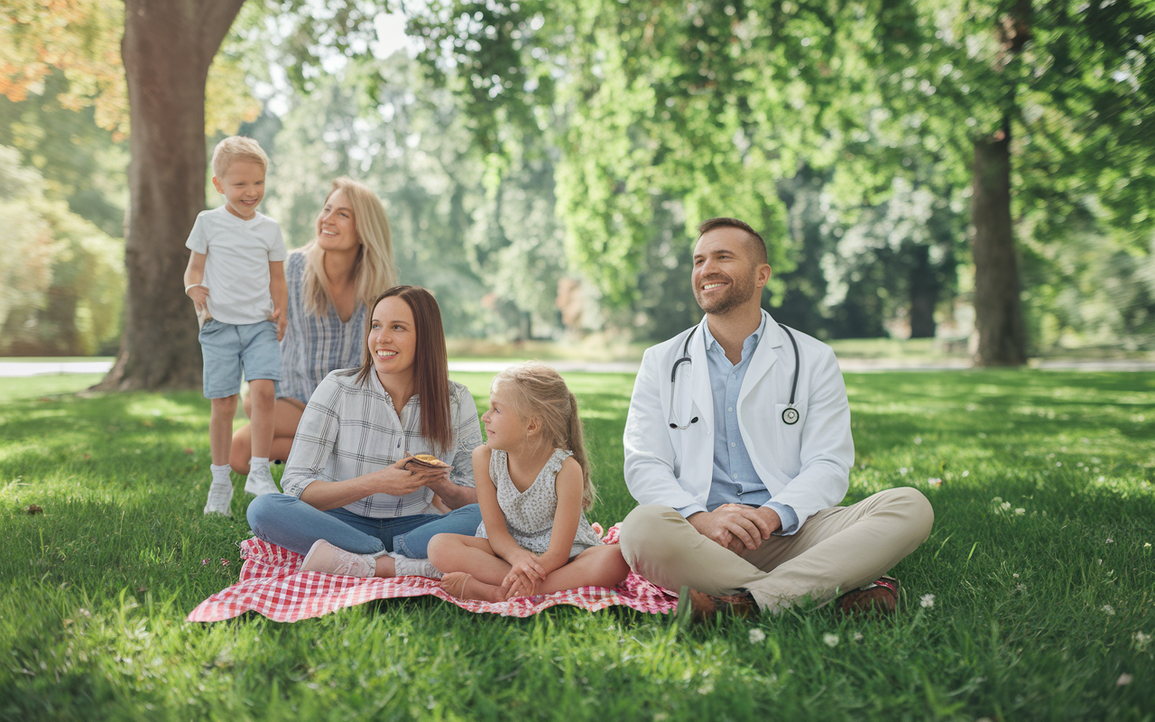 An inspiring scene of a joyful family beside a diligent physician in a park, showcasing the balance between personal life and a medical career. The family is enjoying a picnic on a sunny day, while the physician looks relaxed, symbolizing fulfillment in both family and career. The lush greenery and vibrant colors of the park reflect a harmonious lifestyle, emphasizing the theme of achieving work-life balance in medicine.