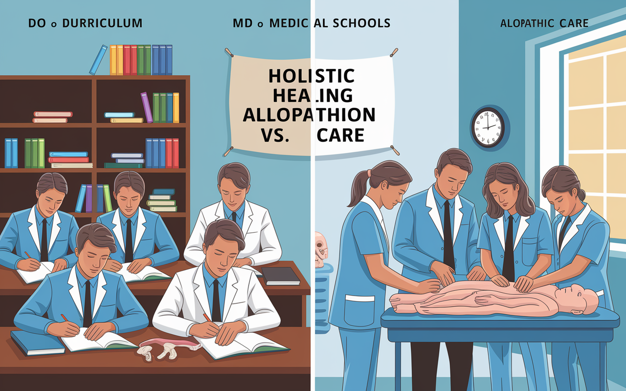 An educational scene contrasting the curriculum of DO and MD medical schools. On one side, students in a classroom studying anatomy and biochemistry with books and models. On the other side, a group of students practicing osteopathic manipulative treatment on models under soft clinic lighting. A motivational banner on the wall reads 'Holistic Healing vs. Allopathic Care'. The atmosphere is one of collaboration and learning, highlighting the distinctions in medical training.