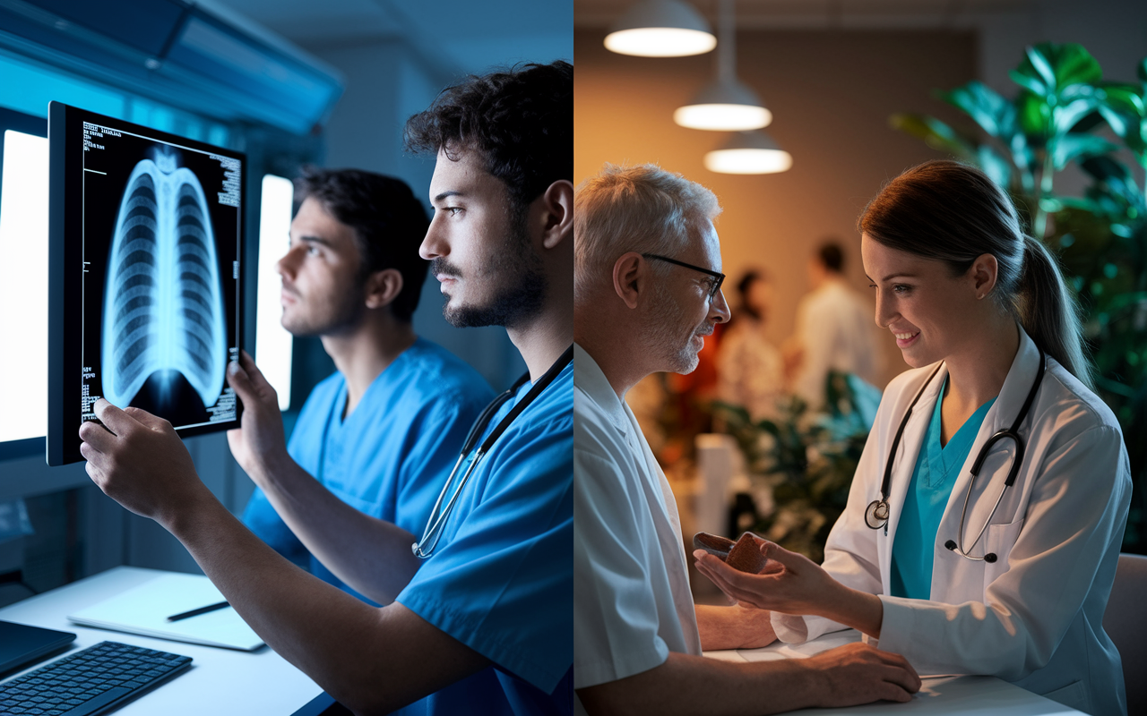 A dual scene of MD and DO residents in a bustling hospital environment. On one side, an MD resident in scrubs is intently examining a chest X-ray under bright white lighting, while on the other side, a DO resident is consulting with a patient about preventive care in a more relaxed setting with warm lighting and greenery. The atmosphere is dynamic and focused, illustrating the diverse training experiences of both paths.