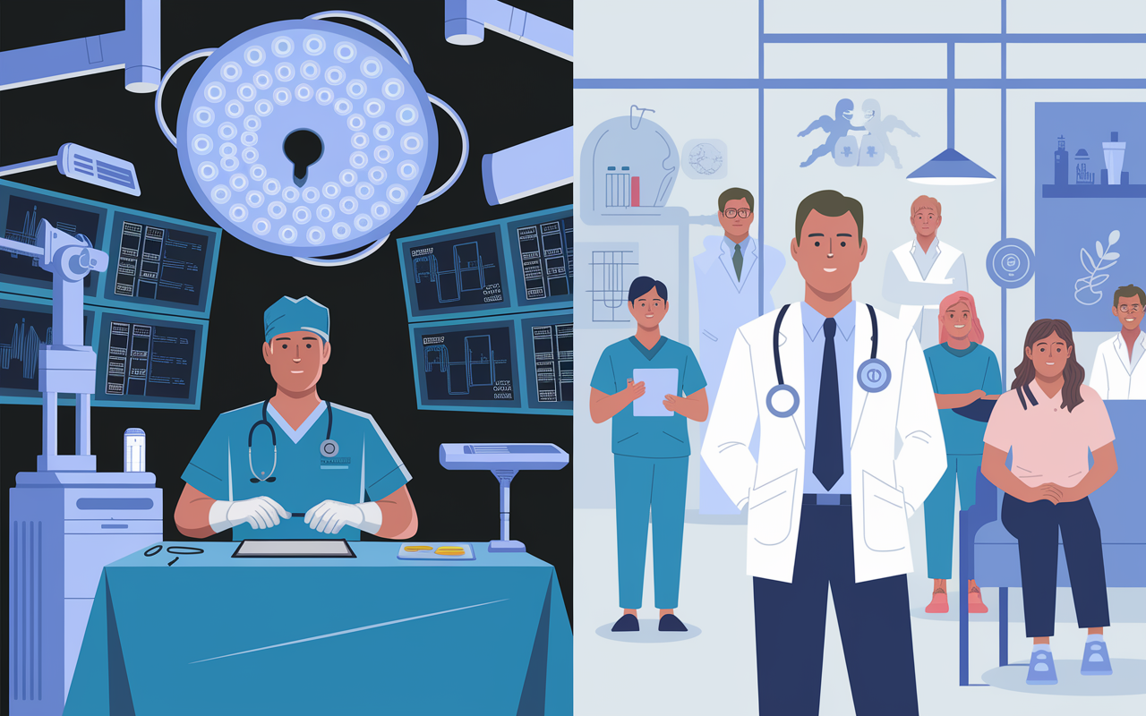 An illustrated overview of various medical careers showcasing MD and DO specialties. The left side displays an MD working in a high-tech surgical room, manipulating robotic surgical instruments with an array of screens, while the right side features a DO conducting a wellness check in a family medicine clinic surrounded by patients of different ages. The contrasting environments emphasize the diversity in medical fields and specialties.