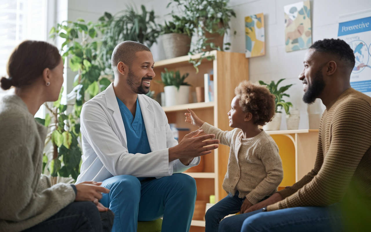 A warm and inviting family medicine clinic with Peter, a DO, engaging with a family of patients, illustrating the holistic approach. The room is filled with natural light, plants, and educational materials on preventive care. Peter is demonstrating a health technique to a child while communicating with the parents, embodying trust and compassion. The atmosphere suggests a community-oriented practice focused on wellness.