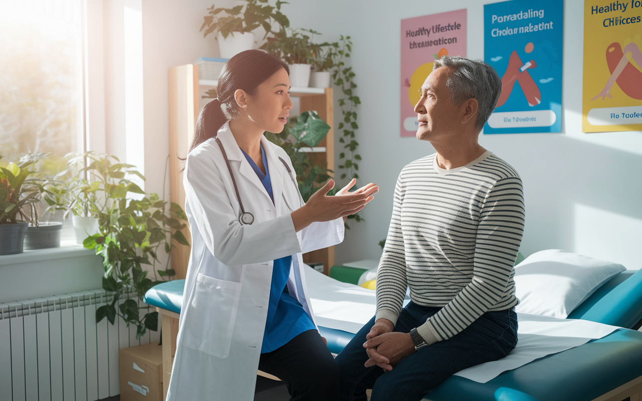 An internist in a white coat demonstrates a preventive care consultation in a cozy examination room. The internist is explaining screening options to a middle-aged patient of Asian descent, surrounded by posters of healthy lifestyle choices on the wall. The room is bright and welcoming, with plants and educational materials visible, embodying a proactive approach to health. Sunlight pours in, highlighting the professionalism and approachability of the internist.